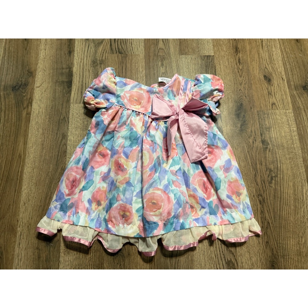 Vintage Jill Lynn Dress Girls 2T Pink Floral Short Sleeve Bow Ruffle Vintage